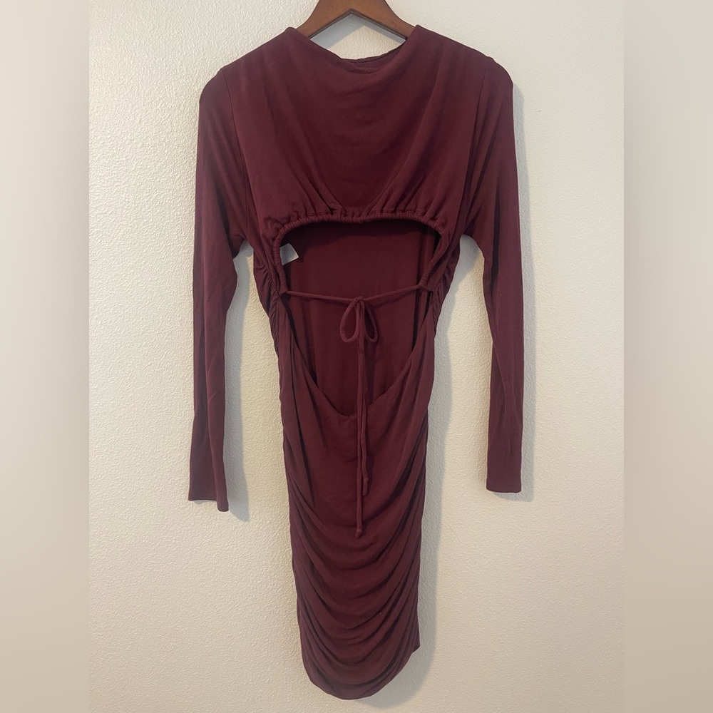 Naked Wardrobe Wine Long Sleeve Open Back Dress - Picture 5 of 5